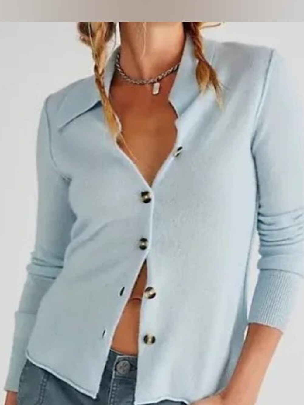 Free People Paloma Baby Blue Collared 100% Cashmere Button-Up Cardigan